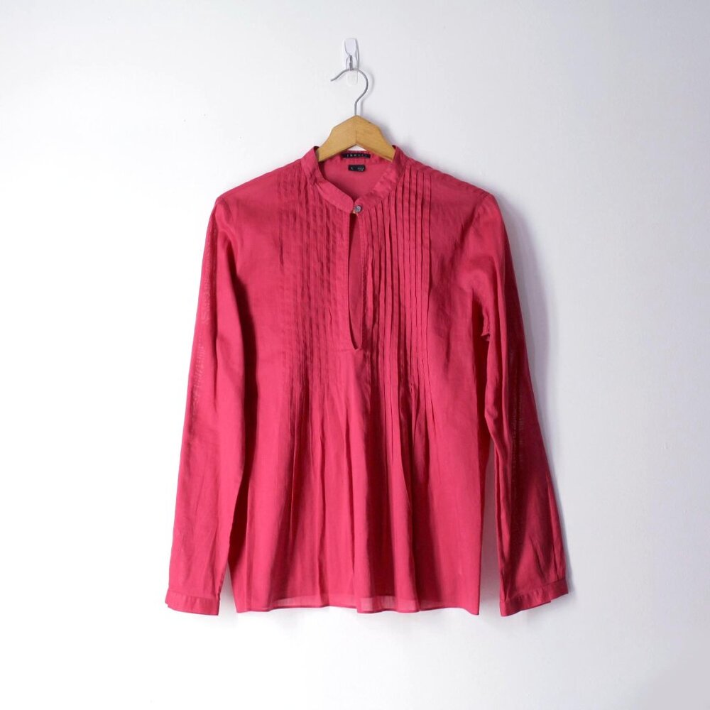 Theory Bianca Keyhole Blouse long sleeves pleated lightweight cotton fuchsia L